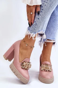 Eleganckie Czółenka Z Ozdobą Gładkie Różowe Caterine