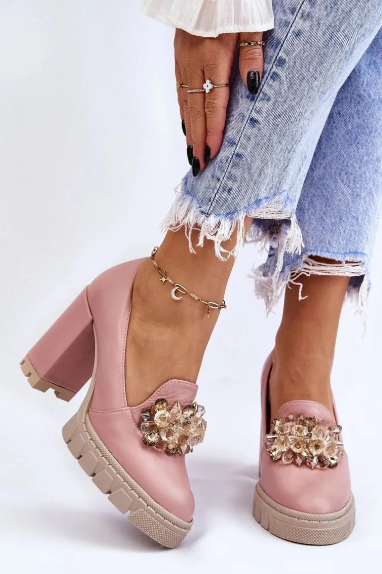 Eleganckie Czółenka Z Ozdobą Gładkie Różowe Caterine