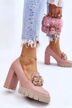 Eleganckie Czółenka Z Ozdobą Gładkie Różowe Caterine