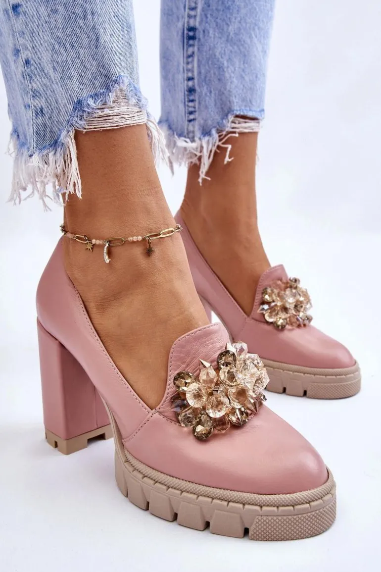 Eleganckie Czółenka Z Ozdobą Gładkie Różowe Caterine