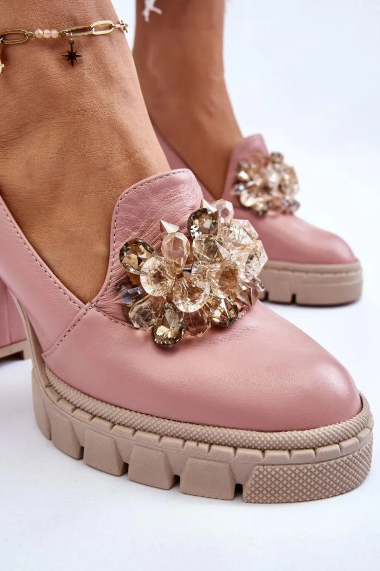 Eleganckie Czółenka Z Ozdobą Gładkie Różowe Caterine