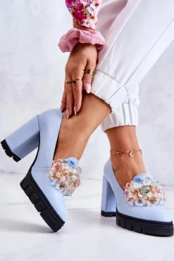 Eleganckie Czółenka Z Ozdobą Gładkie Niebieskie Caterine