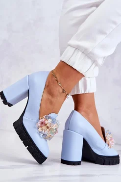 Eleganckie Czółenka Z Ozdobą Gładkie Niebieskie Caterine