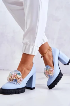 Eleganckie Czółenka Z Ozdobą Gładkie Niebieskie Caterine