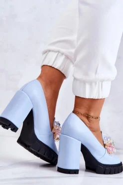 Eleganckie Czółenka Z Ozdobą Gładkie Niebieskie Caterine