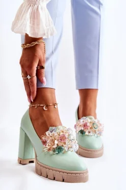 Eleganckie Czółenka Z Ozdobą Gładkie Zielone Caterine