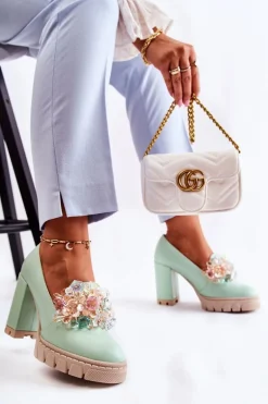 Eleganckie Czółenka Z Ozdobą Gładkie Zielone Caterine