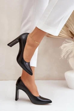 Eleganckie Czółenka Ze Skóry Naturalnej Na Słupku Lewski 2659/2043 Czarne