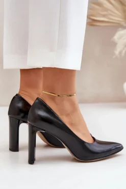 Eleganckie Czółenka Ze Skóry Naturalnej Na Słupku Lewski 2659/2043 Czarne
