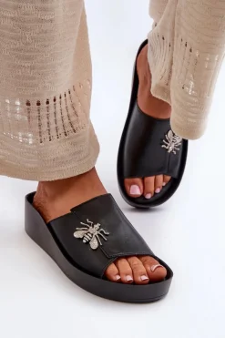 Eleganckie Klapki Damskie Z Ozdobą Skóra Naturalna S.Barski KV27-015 Czarne