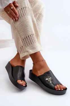 Eleganckie Klapki Damskie Z Ozdobą Skóra Naturalna S.Barski KV27-015 Czarne