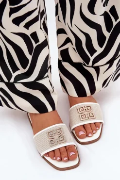 Eleganckie Klapki Damskie Z Ozdobą Na Płaskim Obcasie Białe Lovehia