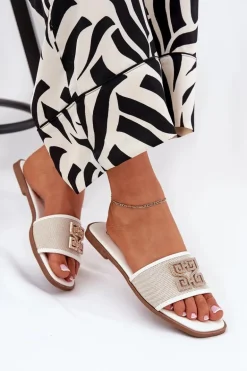 Eleganckie Klapki Damskie Z Ozdobą Na Płaskim Obcasie Białe Lovehia