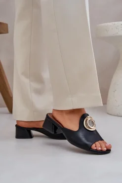Eleganckie Klapki Damskie Na Niskim Obcasie Z Ozdobą Czarne Feledis
