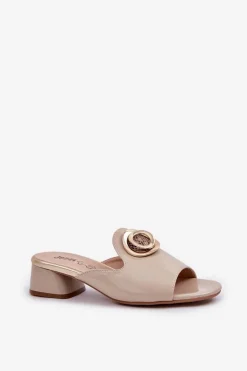 Eleganckie Klapki Damskie Na Niskim Obcasie Z Ozdobą Beżowe Feledis