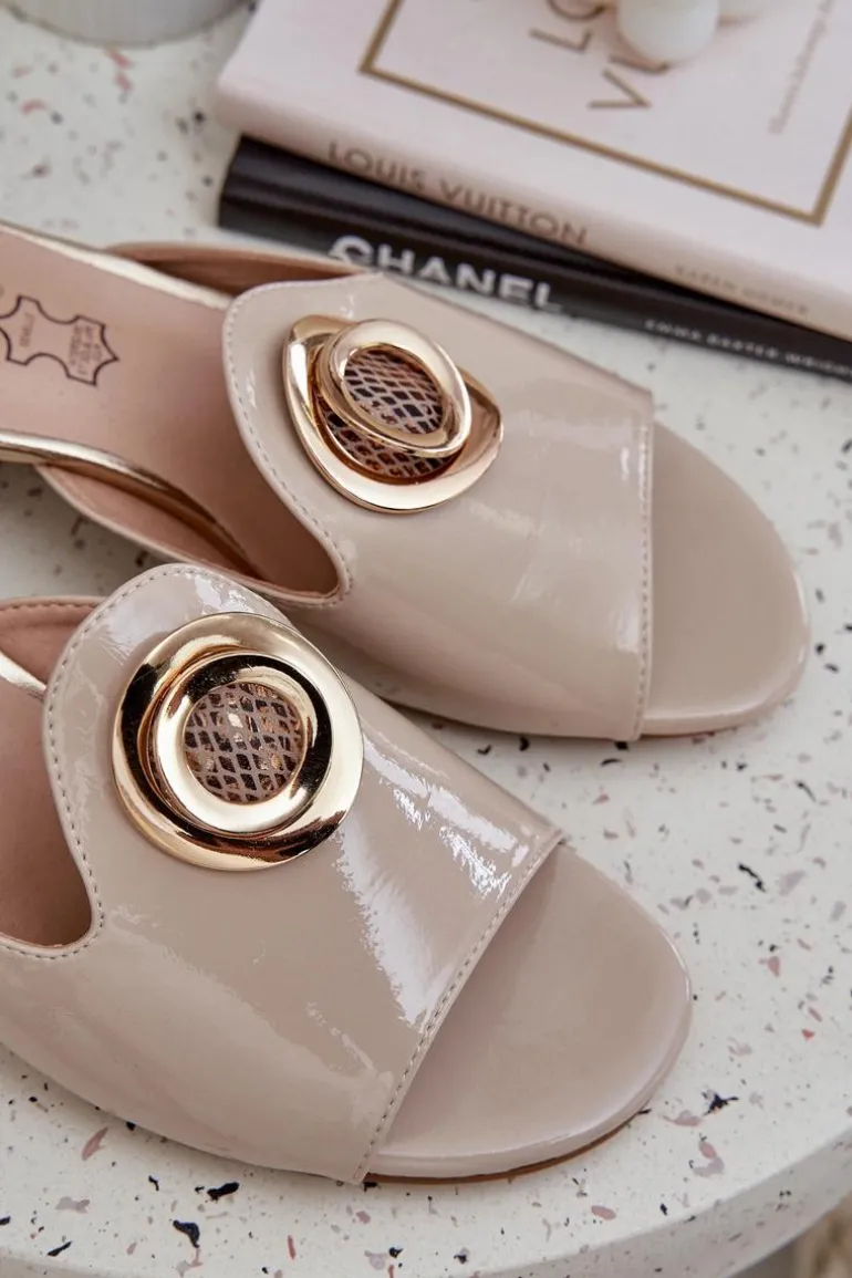 Eleganckie Klapki Damskie Na Niskim Obcasie Z Ozdobą Beżowe Feledis