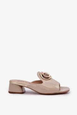 Eleganckie Klapki Damskie Na Niskim Obcasie Z Ozdobą Beżowe Feledis