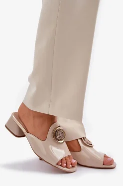 Eleganckie Klapki Damskie Na Niskim Obcasie Z Ozdobą Beżowe Feledis