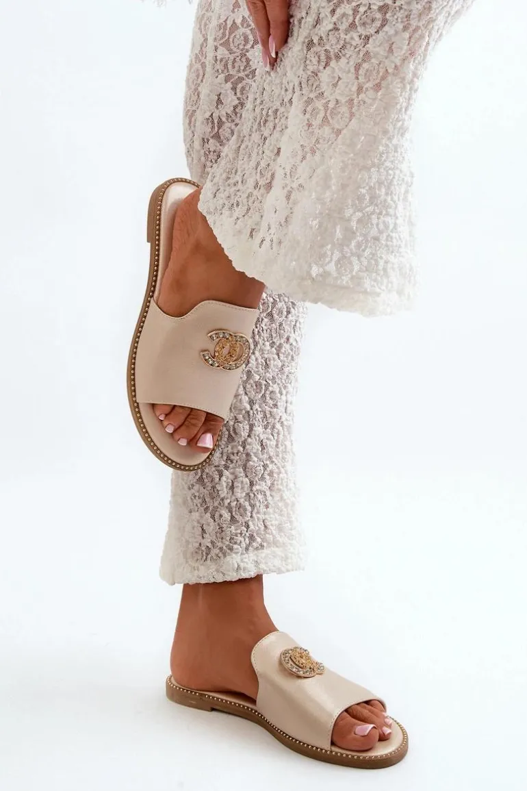 Eleganckie Klapki Damskie Błyszczące Z Ozdobą S.Barski KV27-050 Złote