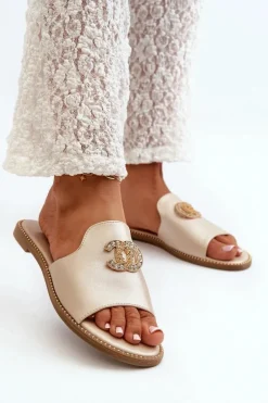 Eleganckie Klapki Damskie Błyszczące Z Ozdobą S.Barski KV27-050 Złote