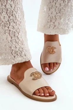 Eleganckie Klapki Damskie Błyszczące Z Ozdobą S.Barski KV27-050 Złote