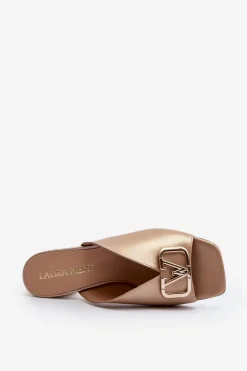 Eleganckie Klapki Damskie Na Obcasie Laura Messi 2771 Złote