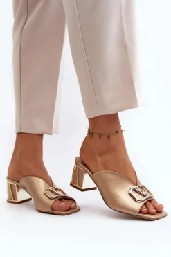 Eleganckie Klapki Damskie Na Obcasie Laura Messi 2771 Złote