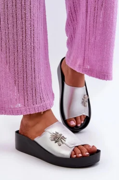 Eleganckie Klapki Damskie Z Ozdobą Skóra Naturalna S.Barski KV27-015 Srebrne