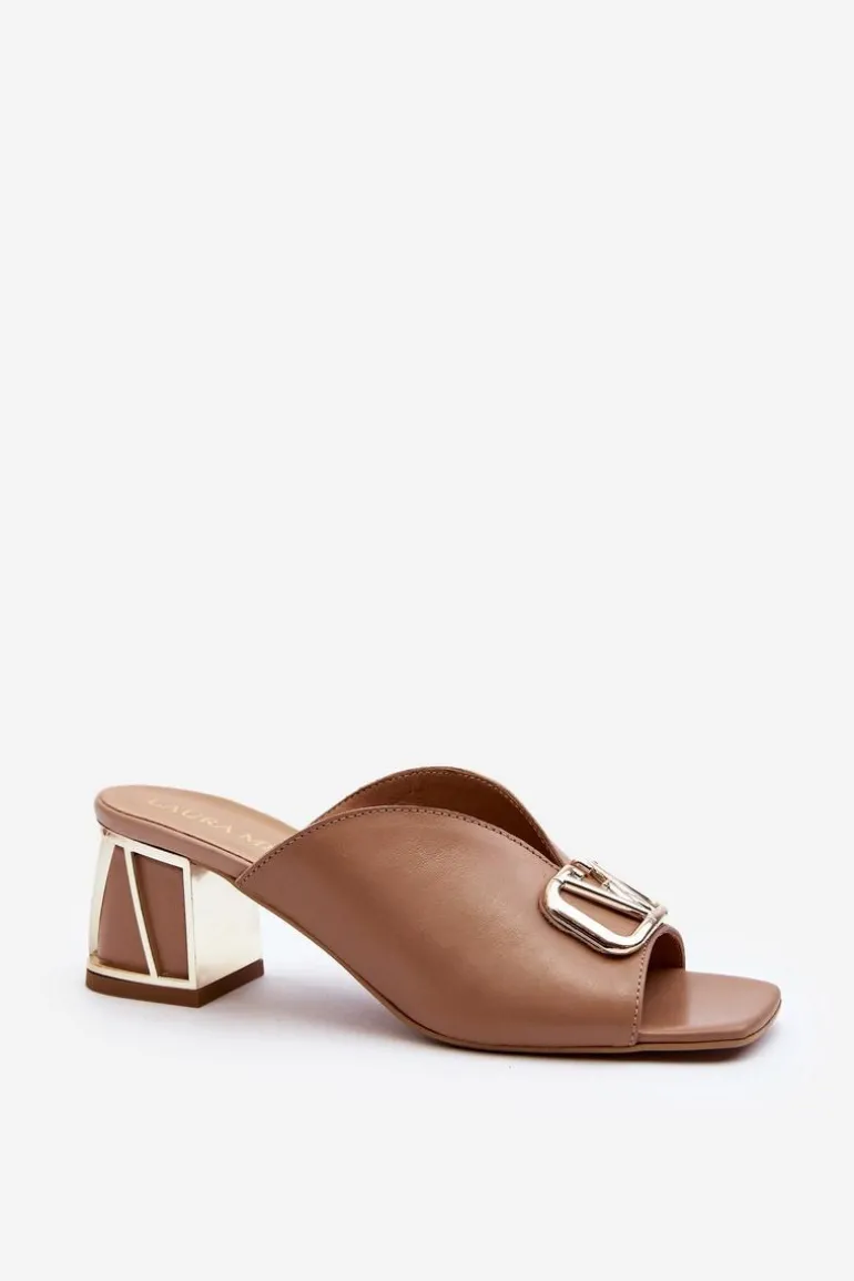 Eleganckie Klapki Damskie Na Obcasie Laura Messi 2771 Beżowe