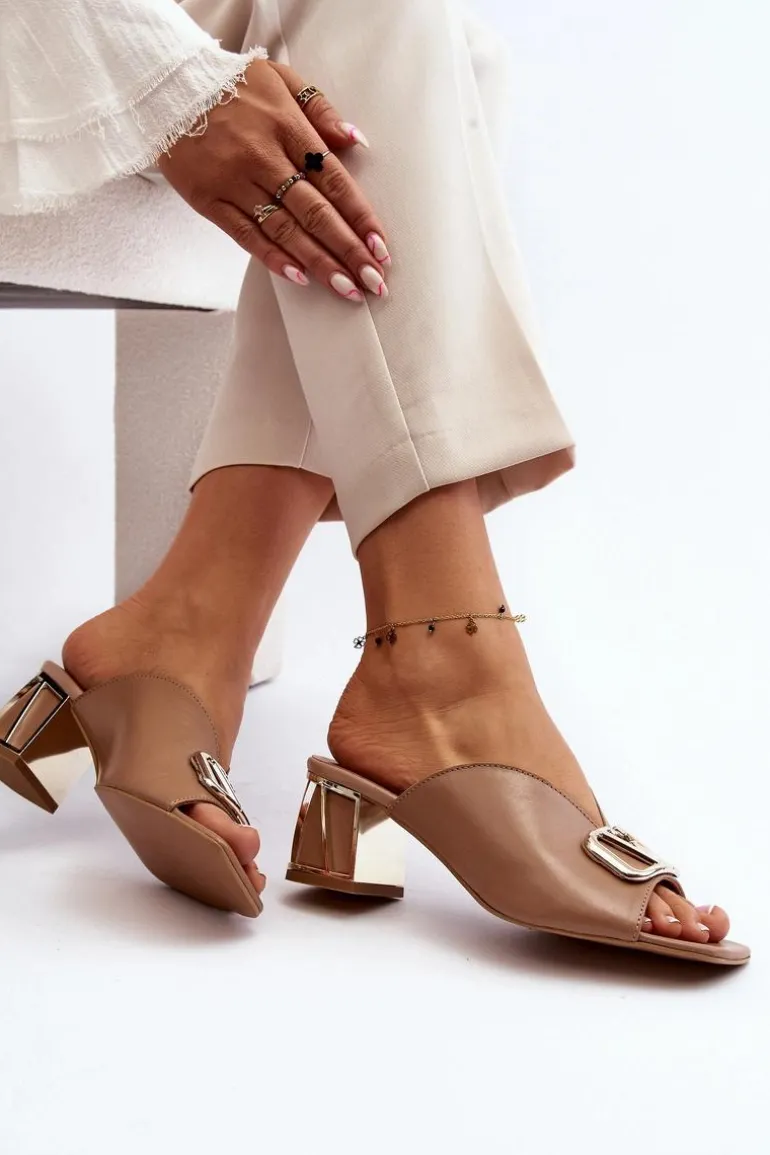 Eleganckie Klapki Damskie Na Obcasie Laura Messi 2771 Beżowe