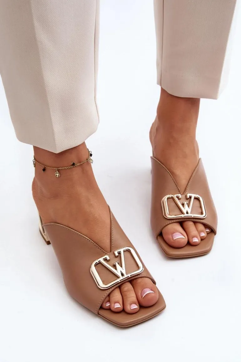 Eleganckie Klapki Damskie Na Obcasie Laura Messi 2771 Beżowe