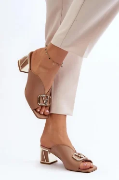 Eleganckie Klapki Damskie Na Obcasie Laura Messi 2771 Beżowe