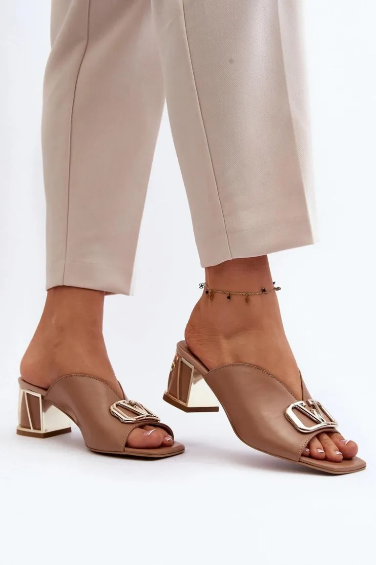 Eleganckie Klapki Damskie Na Obcasie Laura Messi 2771 Beżowe