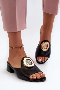 Eleganckie Klapki Damskie Na Niskim Obcasie Ze Złotą Ozdobą Czarne Uzimila