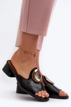 Eleganckie Klapki Damskie Na Niskim Obcasie Ze Złotą Ozdobą Czarne Uzimila