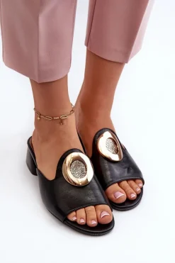 Eleganckie Klapki Damskie Na Niskim Obcasie Ze Złotą Ozdobą Czarne Uzimila