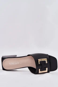 Eleganckie Klapki Damskie Na Klocku Ze Złotym Detalem Vinceza 62229 Czarne