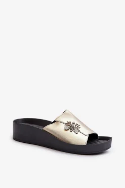 Eleganckie Klapki Damskie Z Ozdobą Skóra Naturalna S.Barski KV27-015 Złote