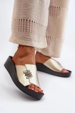 Eleganckie Klapki Damskie Z Ozdobą Skóra Naturalna S.Barski KV27-015 Złote