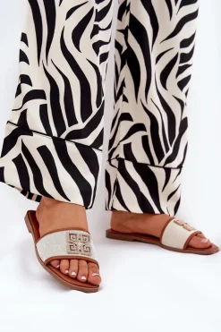 Eleganckie Klapki Damskie Z Ozdobą Na Płaskim Obcasie Camel Lovehia