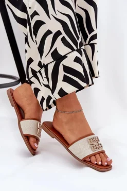 Eleganckie Klapki Damskie Z Ozdobą Na Płaskim Obcasie Camel Lovehia