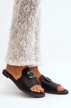 Eleganckie Klapki Damskie Błyszczące Z Ozdobą S.Barski KV27-050 Czarne