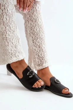 Eleganckie Klapki Damskie Błyszczące Z Ozdobą S.Barski KV27-050 Czarne