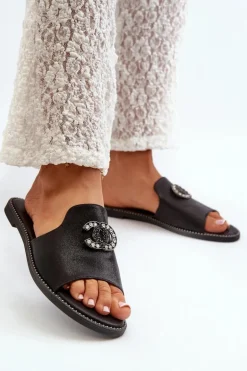 Eleganckie Klapki Damskie Błyszczące Z Ozdobą S.Barski KV27-050 Czarne