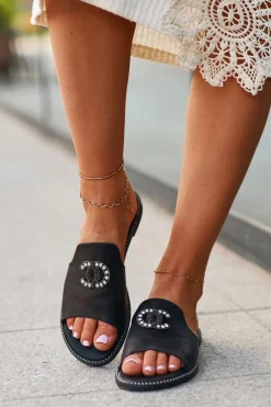 Eleganckie Klapki Damskie Błyszczące Z Ozdobą S.Barski KV27-050 Czarne