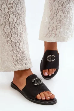 Eleganckie Klapki Damskie Błyszczące Z Ozdobą S.Barski KV27-050 Czarne