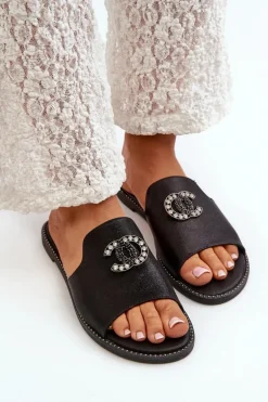 Eleganckie Klapki Damskie Błyszczące Z Ozdobą S.Barski KV27-050 Czarne