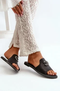 Eleganckie Klapki Damskie Błyszczące Z Ozdobą S.Barski KV27-050 Czarne