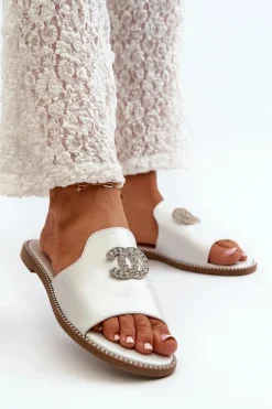 Eleganckie Klapki Damskie Błyszczące Z Ozdobą S.Barski KV27-050 Srebrne