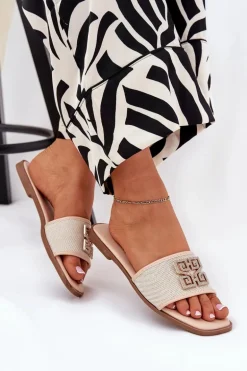 Eleganckie Klapki Damskie Z Ozdobą Na Płaskim Obcasie Beżowe Lovehia